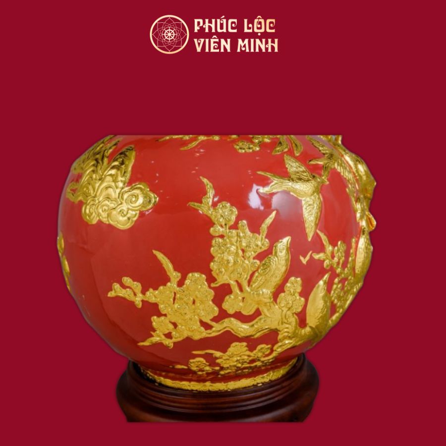 Bình Hút Lộc Phú Quý Trường Xuân Men Đỏ Dát Vàng Gốm Sứ Bát Tràng - Phúc Lộc Viên Minh