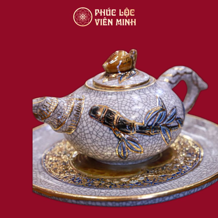 Ấm Trà Thờ Đào Đắp Nổi Men Rạn Vẽ Vàng Gốm Sứ Bát Tràng - Phúc Lộc Viên Minh