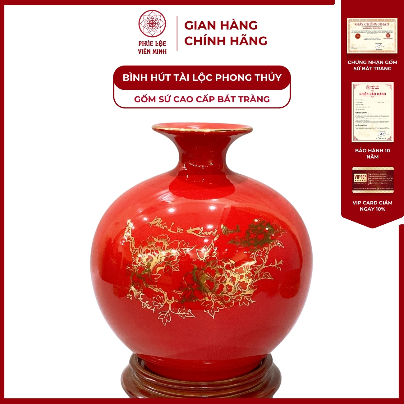 Bình Hút Lộc Phúc Lộc Khang Ninh Vẽ Vàng Kim Gốm Sứ Bát Tràng - Phúc Lộc Viên Minh