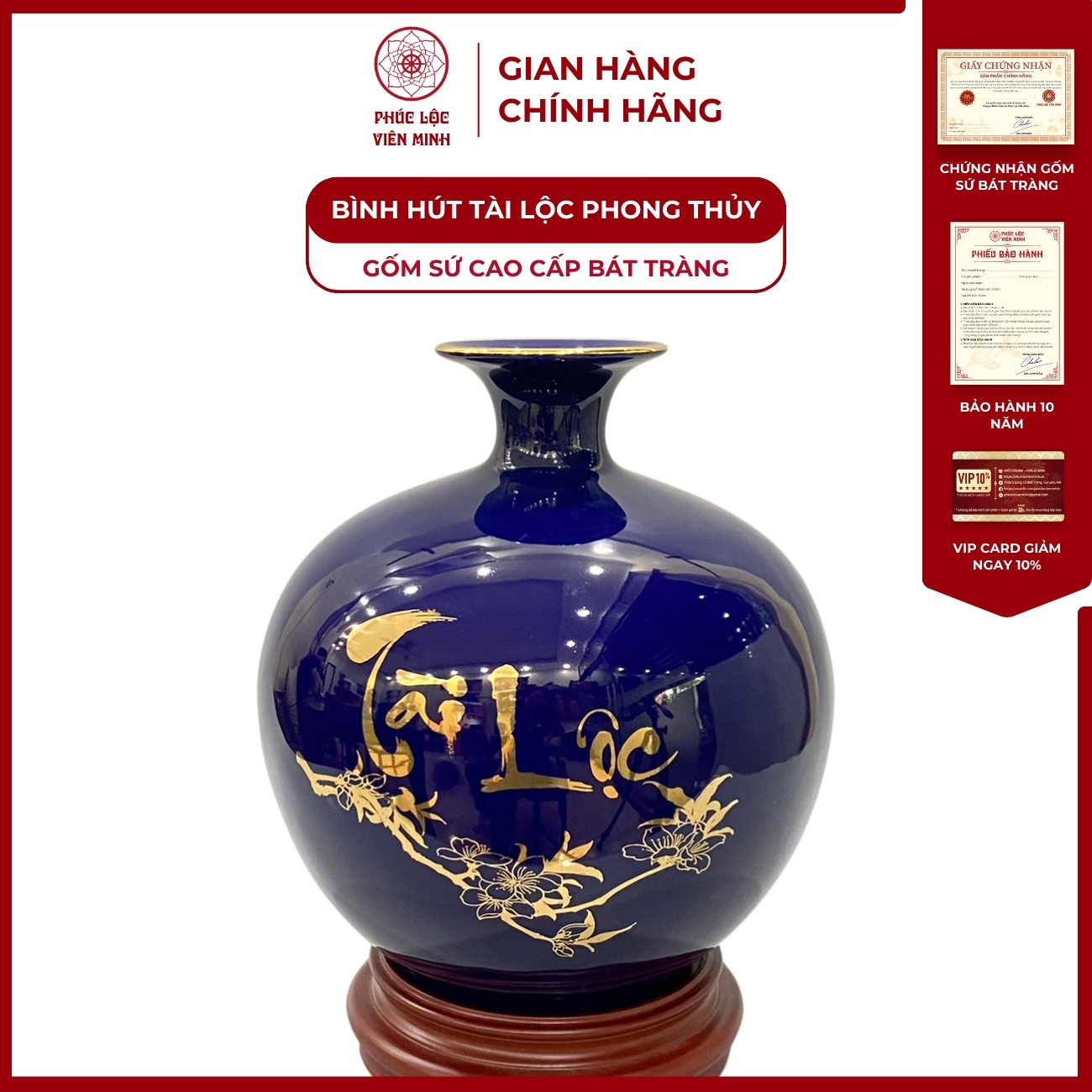 Bình Hút Lộc Chim Công Tài Lộc Dán Decal Vàng Kim Gốm Sứ Bát Tràng - Phúc Lộc Viên Minh