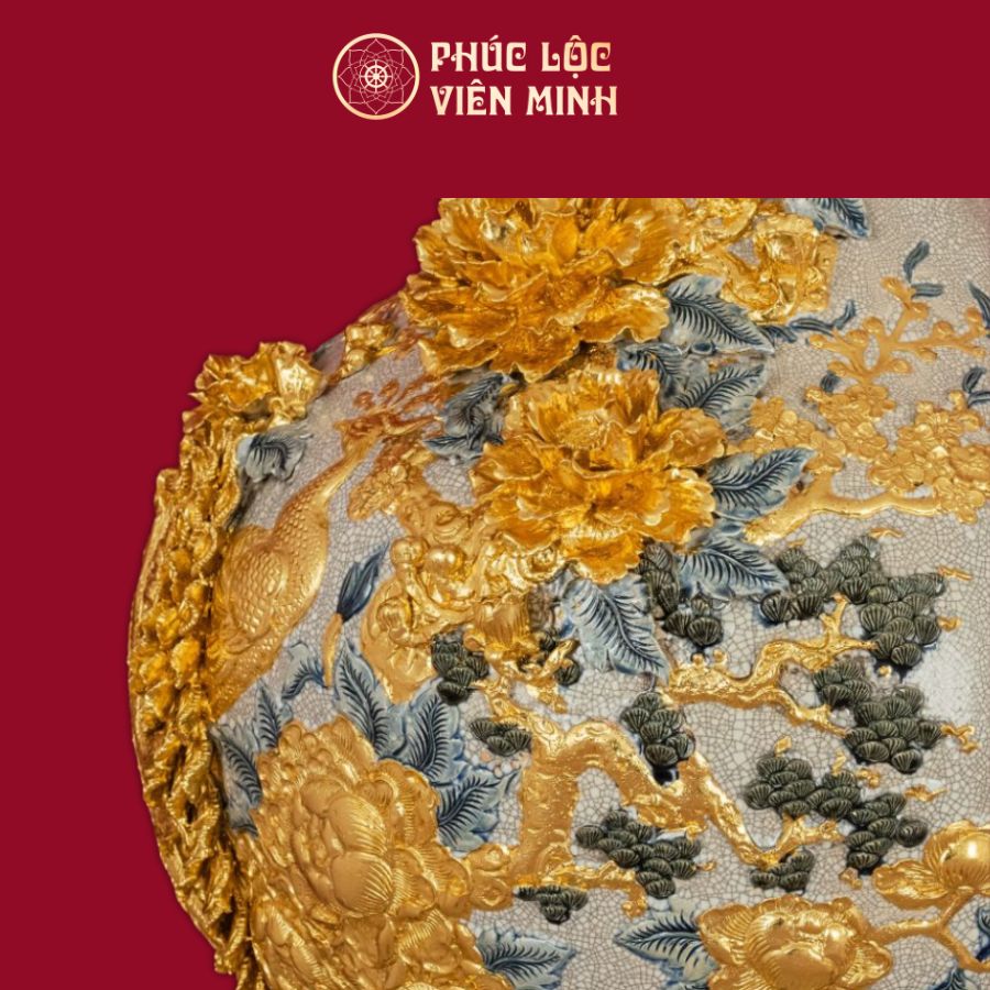 Tỏi Đắp Nổi Men Rạn Phú Quý Trường Xuân Dát Vàng Cao Cấp Gốm Sứ Bát Tràng - Phúc Lộc Viên Minh