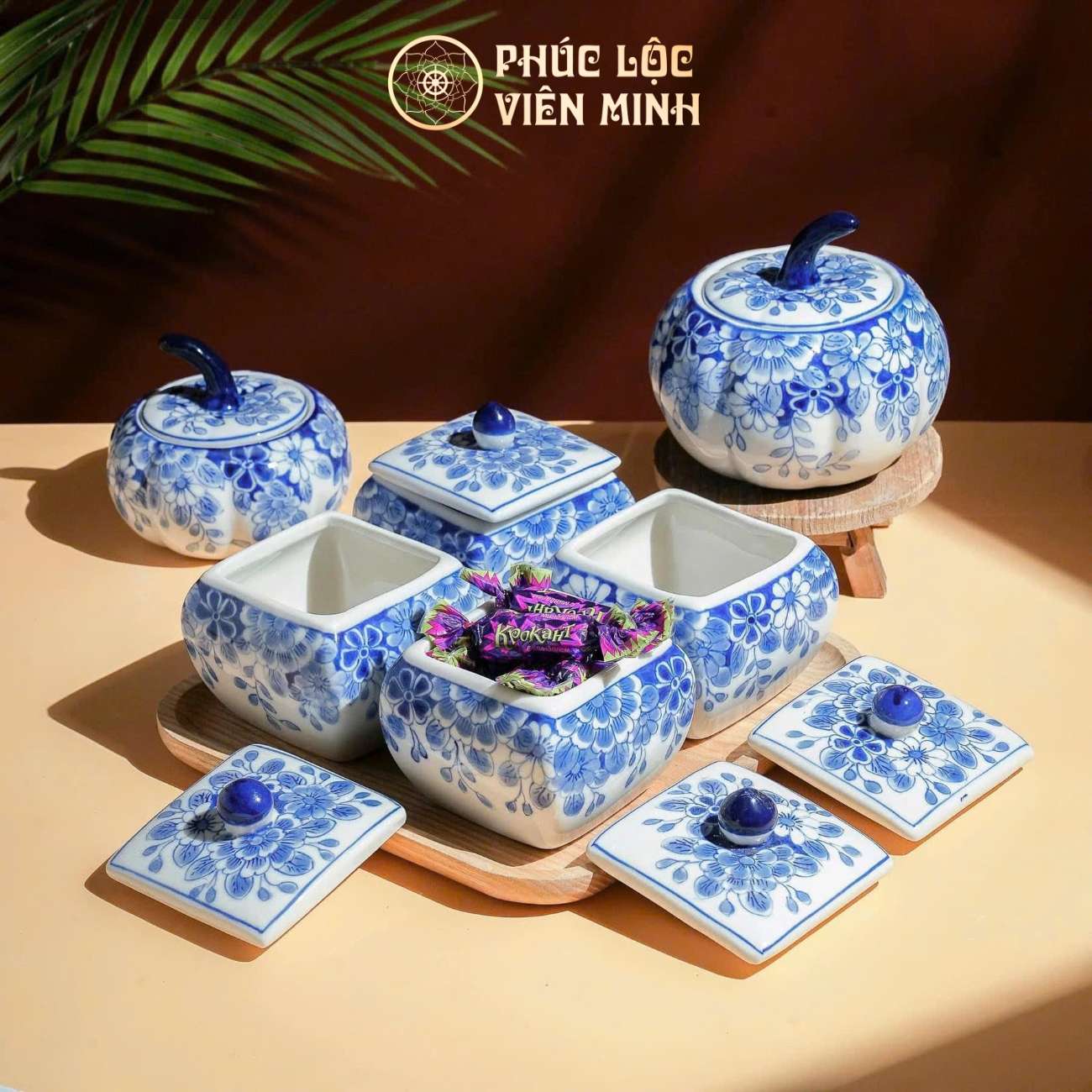 Bộ Hũ Mứt Họa Tiết Cúc Xanh Gốm Sứ Bát Tràng - Phúc Lộc Viên Minh - PL015