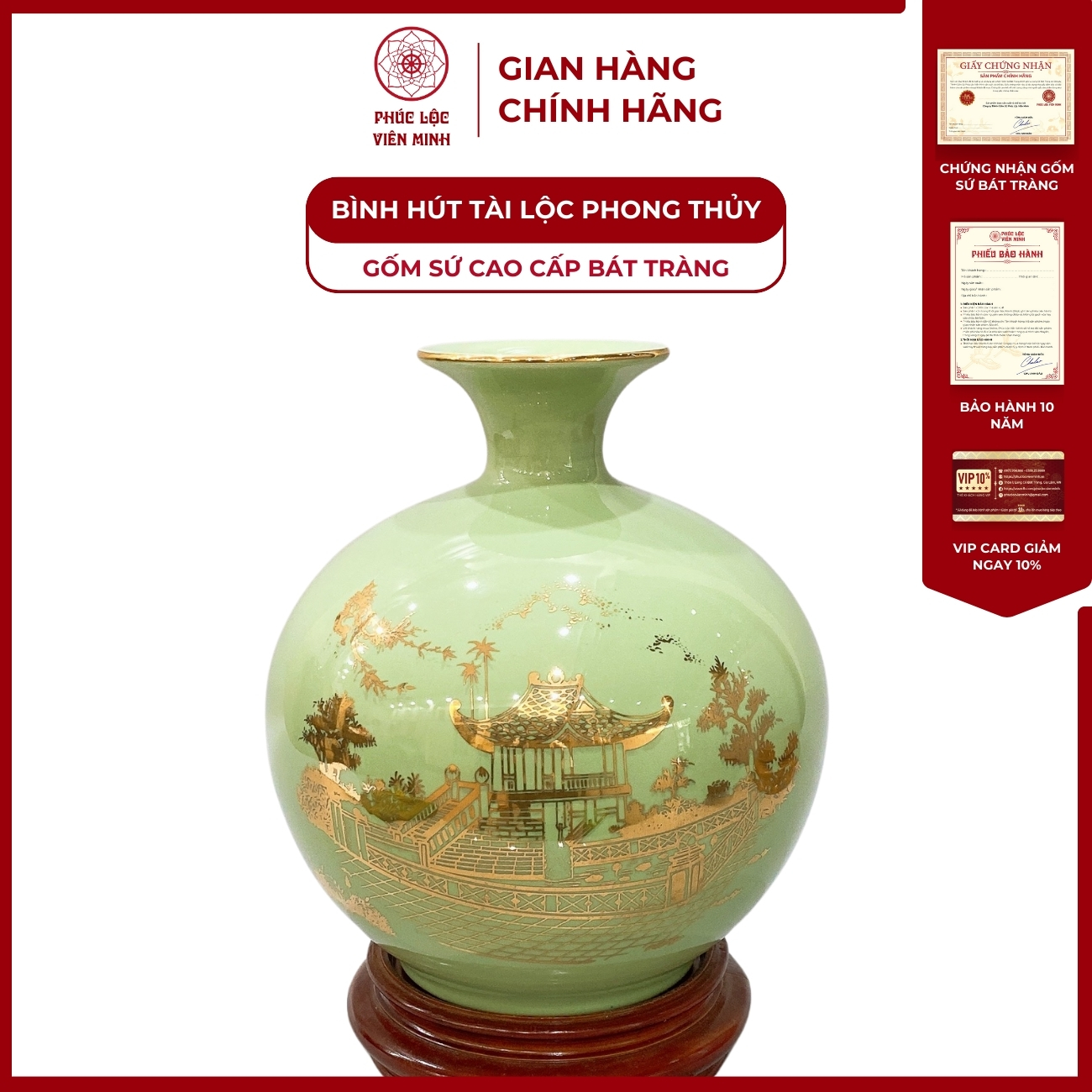 Bình Hút Lộc Chùa Một Cột Dán Decal Vàng Kim Gốm Sứ Bát Tràng - Phúc Lộc Viên Minh - PLVM173