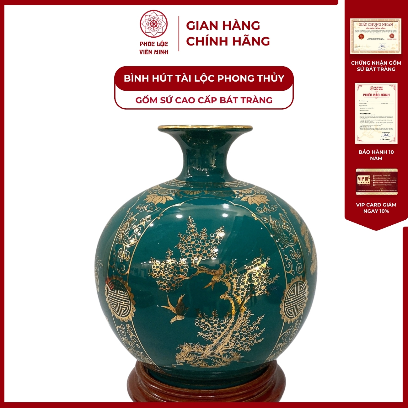 Bình Hút Lộc Tứ Cảnh Decal Vàng Kim Gốm Sứ Bát Tràng - Phúc Lộc Viên Minh