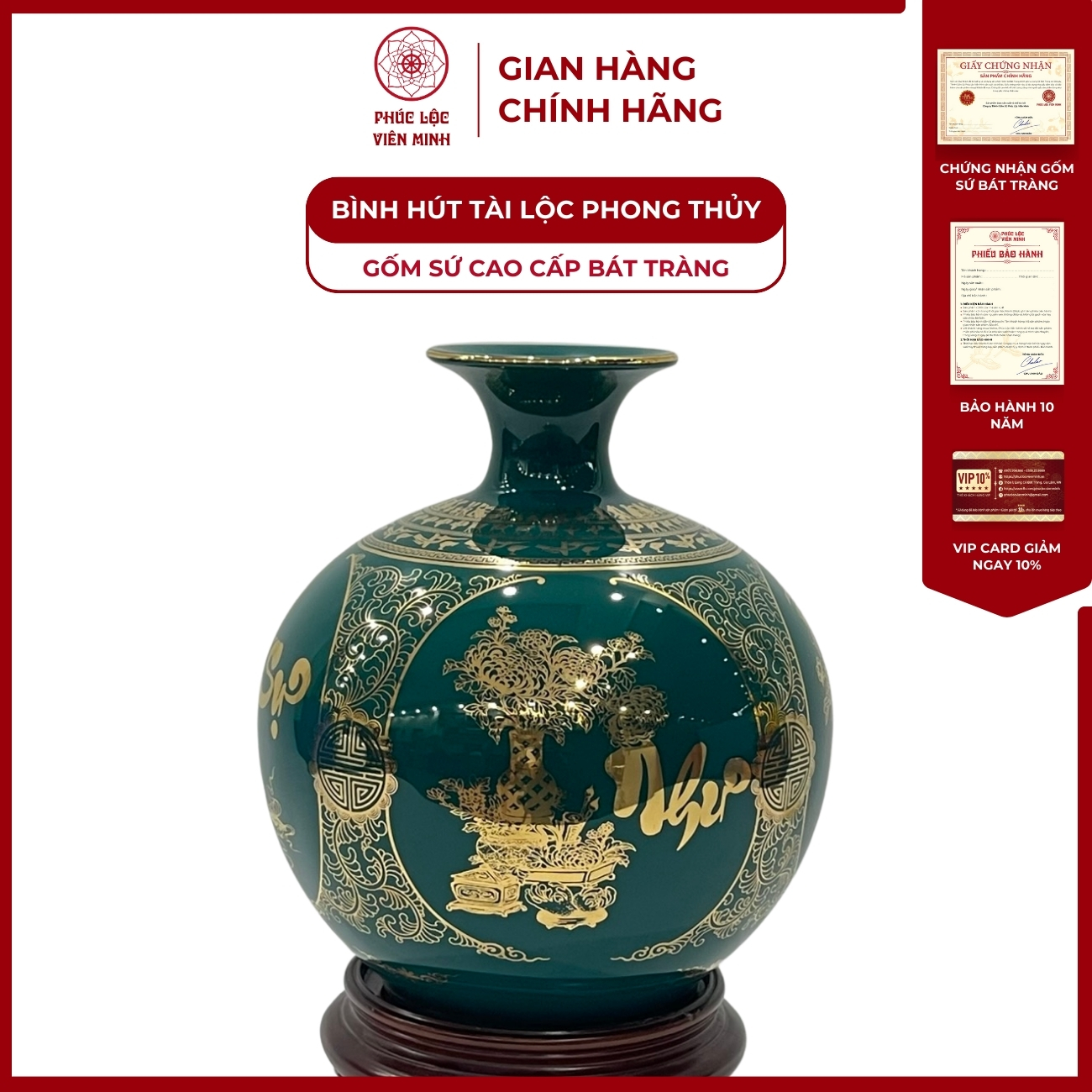 Bình Hút Lộc Tứ Cảnh Vạn Sự Như Ý Viền Cổ Trống Đồng Decal Vàng Kim Gốm Sứ Bát Tràng - Phúc Lộc Viên Minh