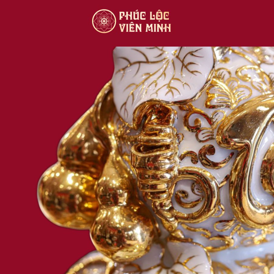 Hồ Lô Trăm Hoa Đua Nở Chữ Tài Đắp Nổi Men Trắng Vẽ Vàng Gốm Sứ Bát Tràng - Phúc Lộc Viên Minh