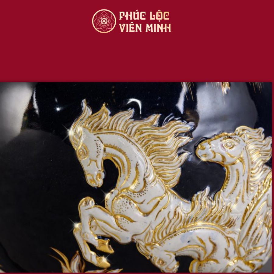 Bình Hút Lộc Mã Đáo Thành Công Men Xanh Coban Họa Tiết Trắng Vẽ Vàng Gốm Sứ Bát Tràng - Phúc Lộc Viên Minh