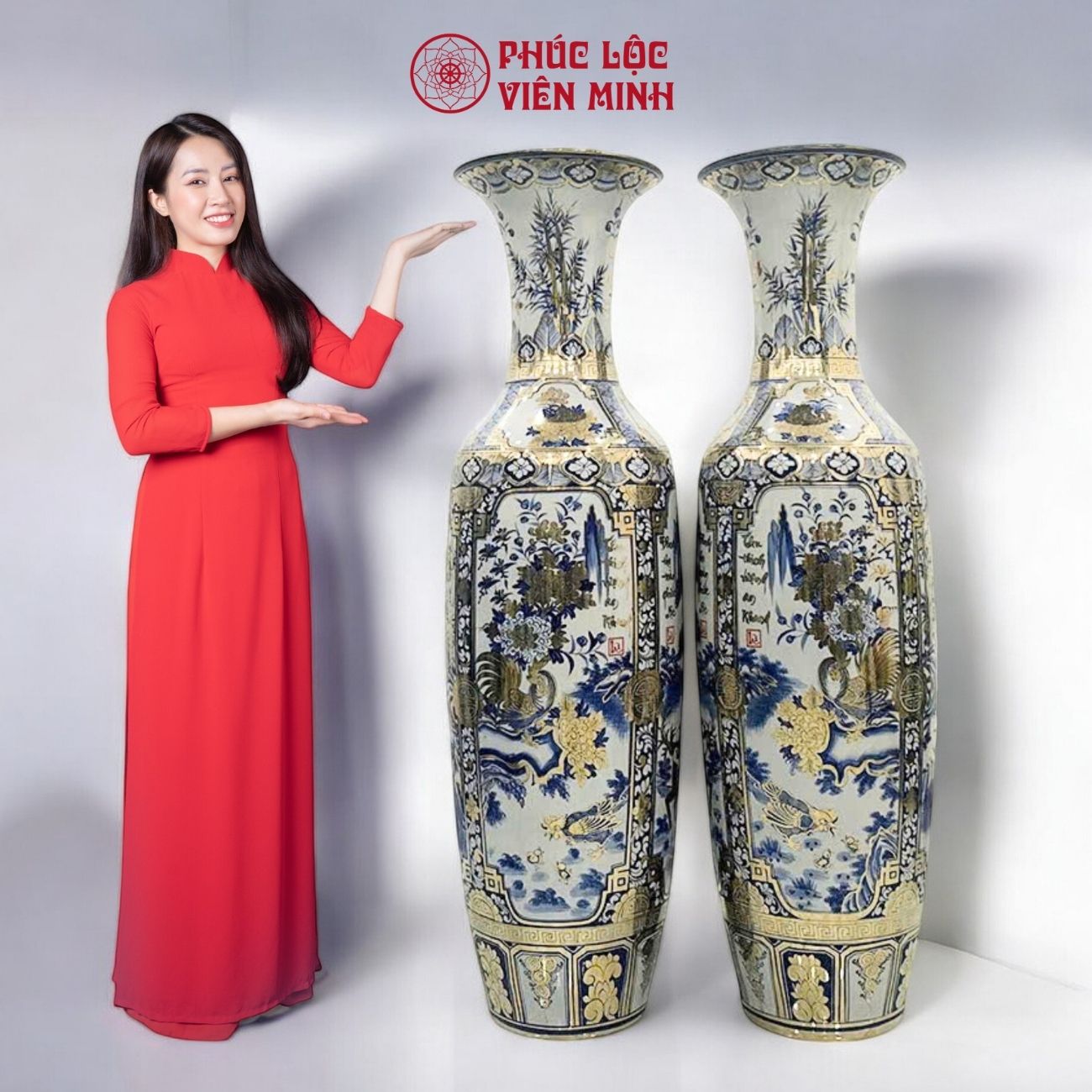 Đôi Lộc Bình Tứ Cảnh Vẽ Vàng Gốm Sứ Bát Tràng - Phúc Lộc Viên Minh - PL027