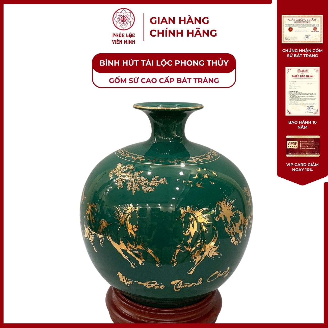 Bình Hút Lộc Mã Đáo Thành Công Dán Decal Vàng Kim Gốm Sứ Bát Tràng - Phúc Lộc Viên Minh