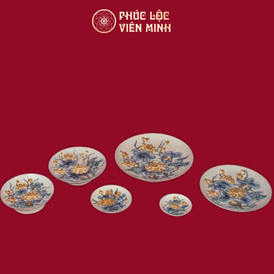 Mâm Bồng Liên Hoa Cát Tường Men Rạn Đắp Nổi Gốm Sứ Bát Tràng - Phúc Lộc Viên Minh