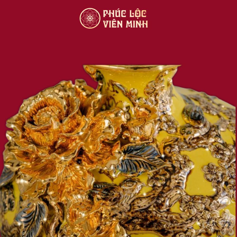 Mai Bình Công Danh Phú Quý Men Vàng Vẽ Vàng Gốm Sứ Bát Tràng - Phúc Lộc Viên Minh