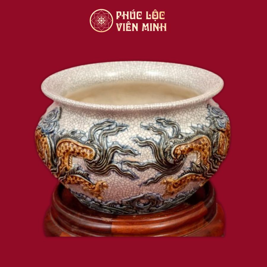 Bát Hương Quả Lựu Song Long Chầu Nguyệt Men Rạn Gốm Sứ Bát Tràng - Phúc Lộc Viên Minh
