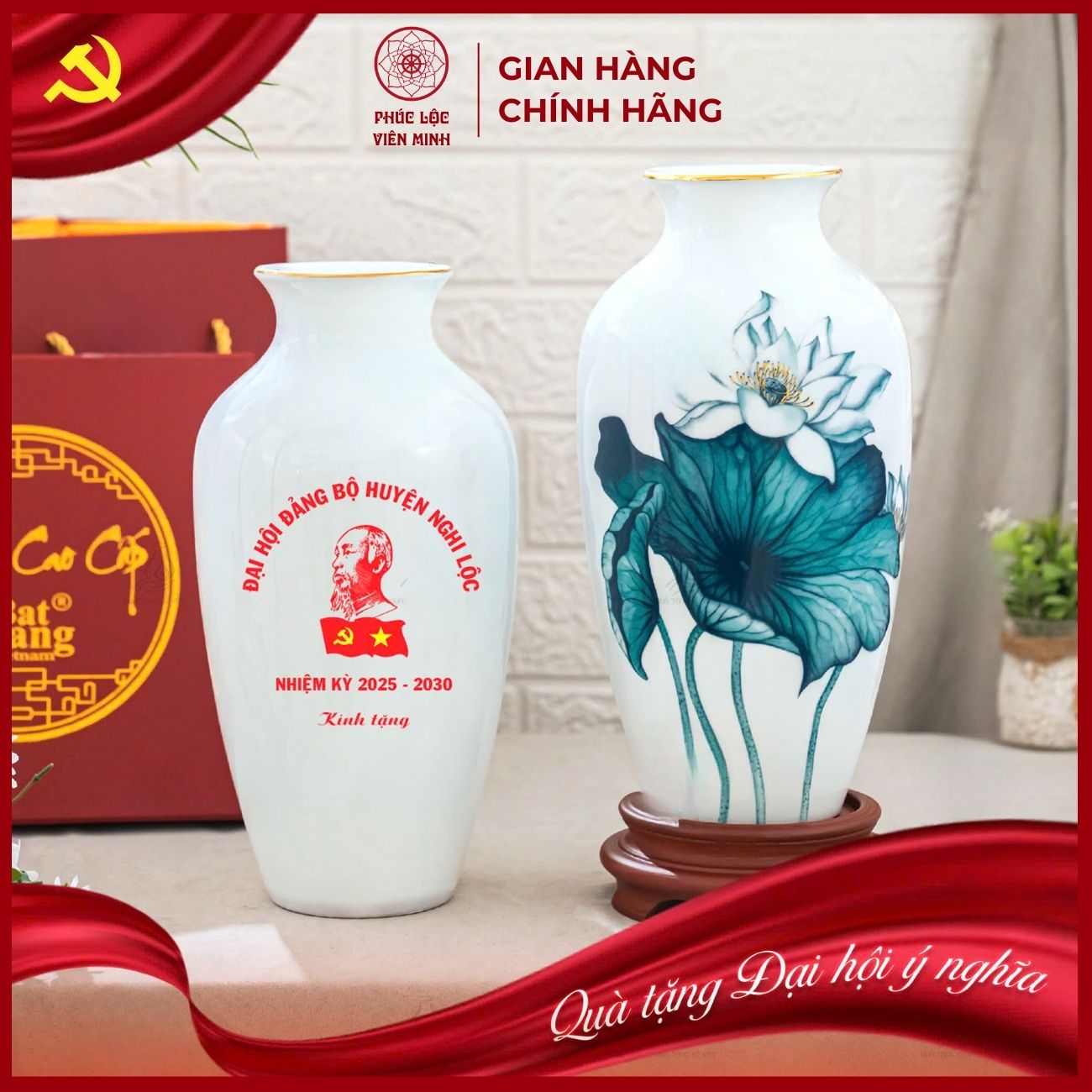 Bình Hoa In Logo Cao Cấp Gốm Sứ Bát Tràng - Phúc Lộc Viên Minh - LD071