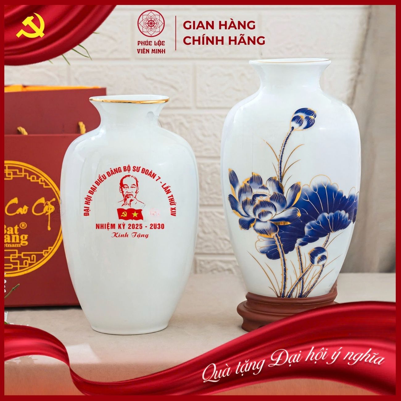 Bình Hoa In Logo Cao Cấp Gốm Sứ Bát Tràng - Phúc Lộc Viên Minh - LD072
