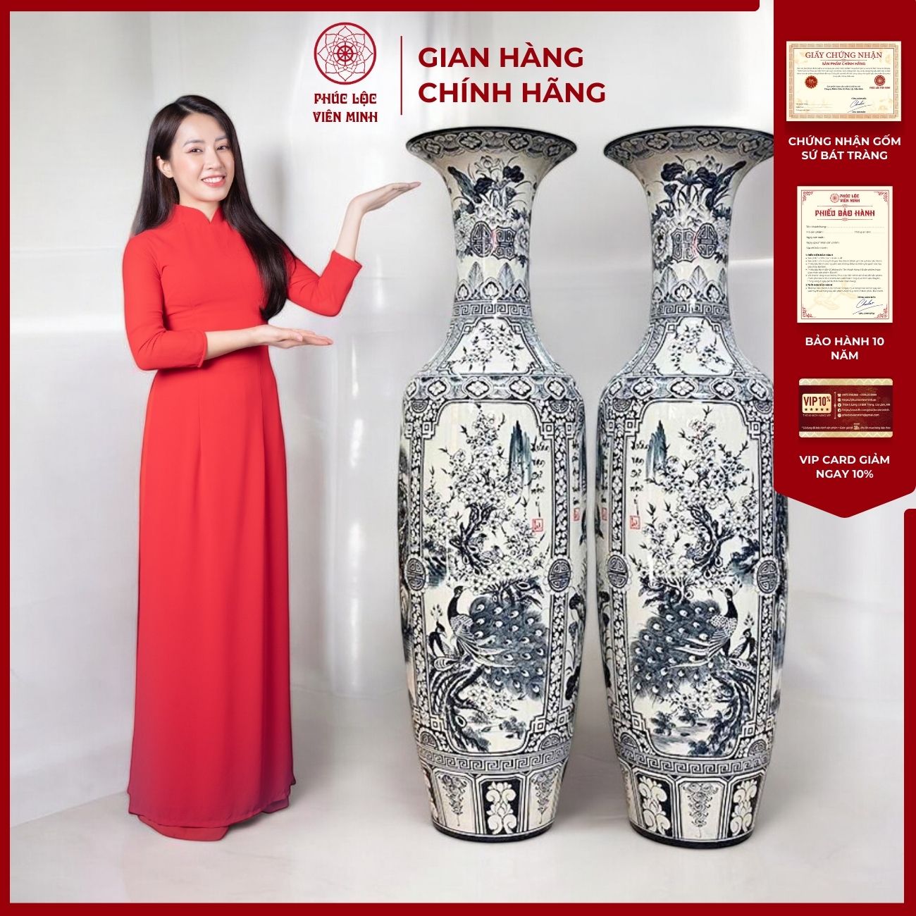 Đôi Lộc Bình Họa Tiết Tứ Cảnh Gốm Sứ Bát Tràng - Phúc Lộc Viên Minh - PL055