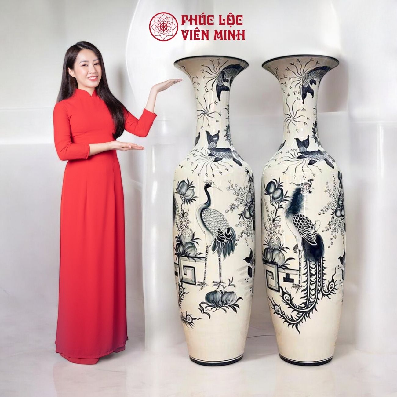 Đôi Lộc Bình Họa Tiết Đơn Cảnh Gốm Sứ Bát Tràng - Phúc Lộc Viên Minh - PL056