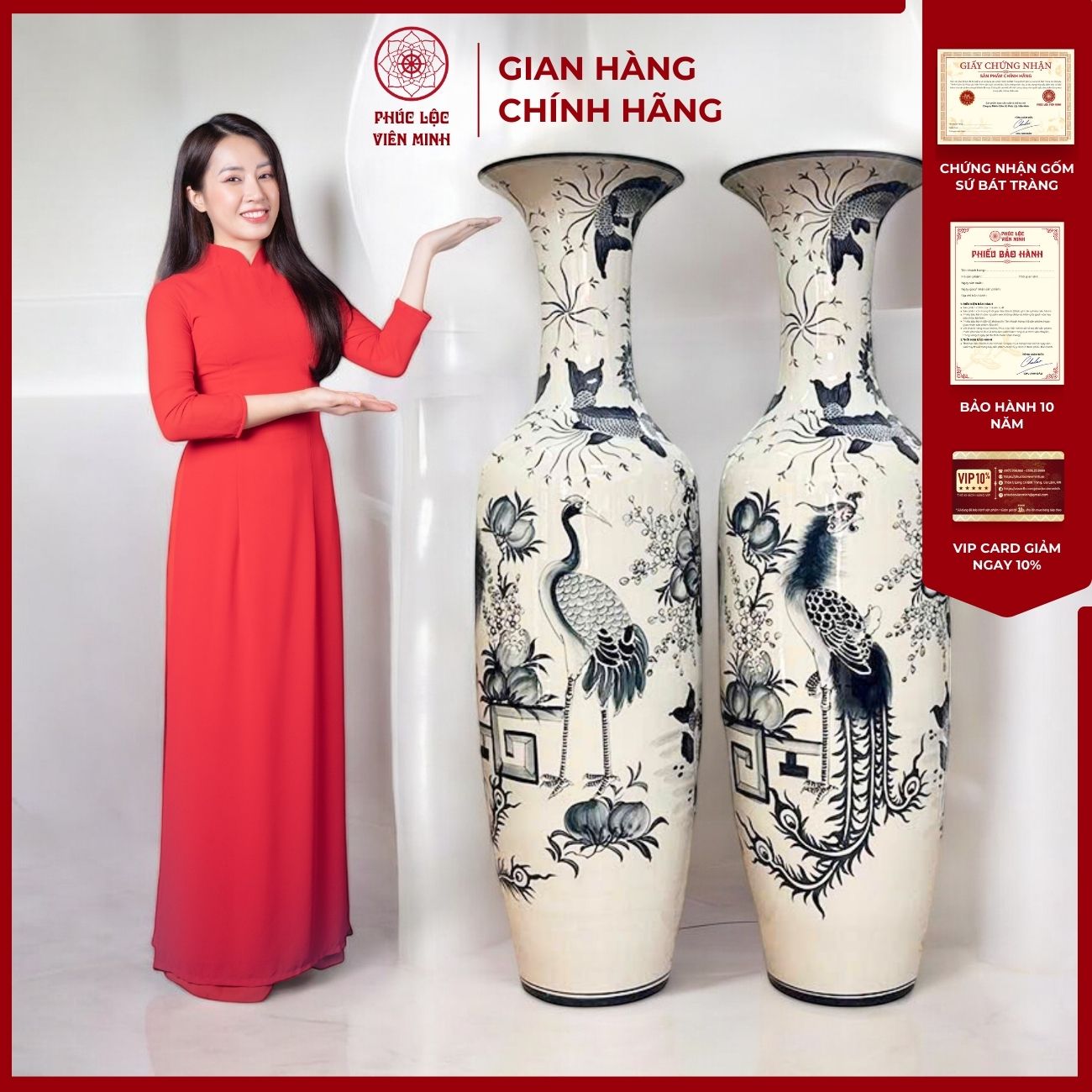 Đôi Lộc Bình Họa Tiết Đơn Cảnh Gốm Sứ Bát Tràng - Phúc Lộc Viên Minh - PL056