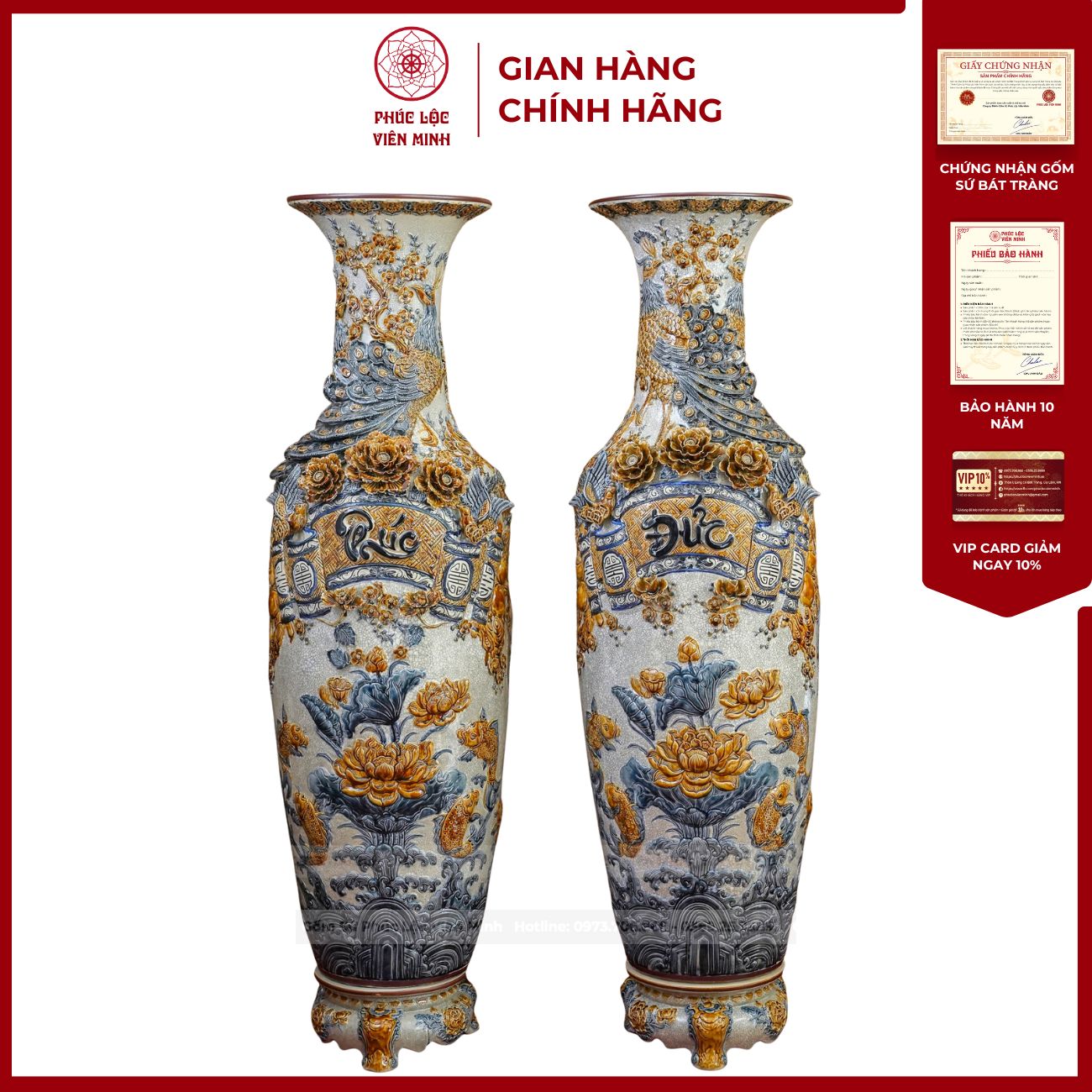 Đôi Lộc Bình Men Rạn Phúc Đức Kênh Bong Đắp Nổi Gốm Sứ Bát Tràng - Phúc Lộc Viên Minh - PL1521