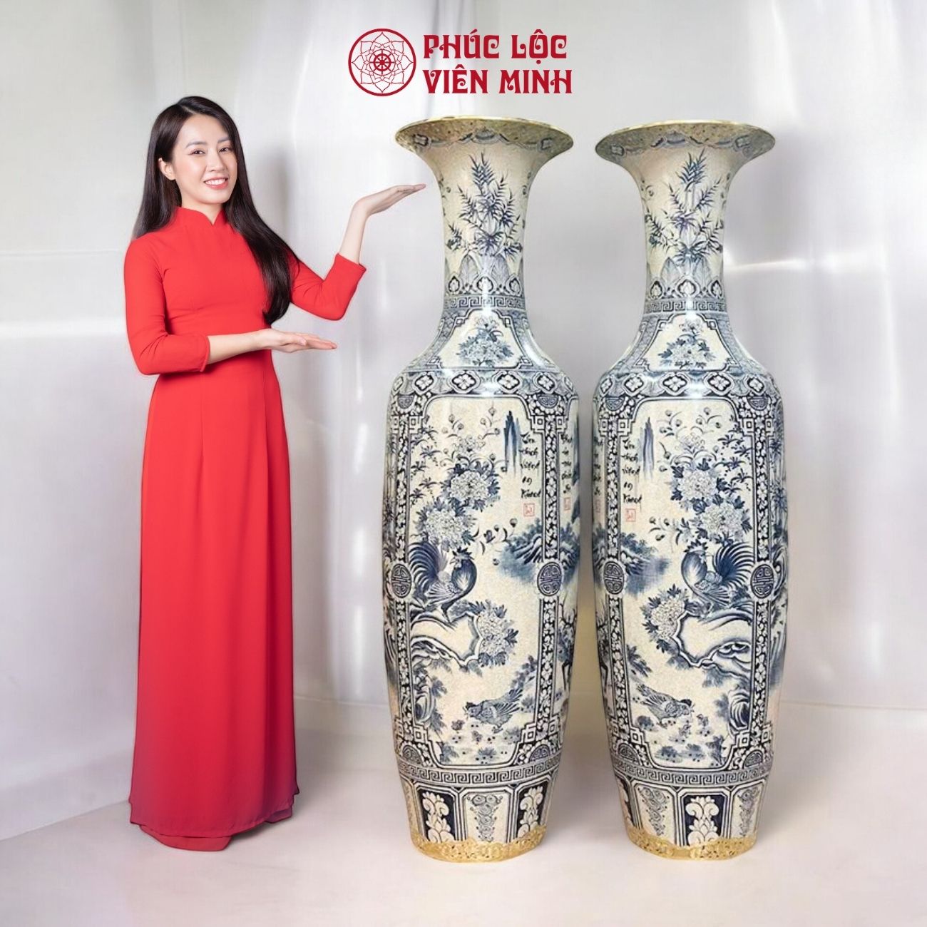 Đôi Lộc Bình Họa Tiết Tứ Cảnh Gốm Sứ Bát Tràng - Phúc Lộc Viên Minh - PL057