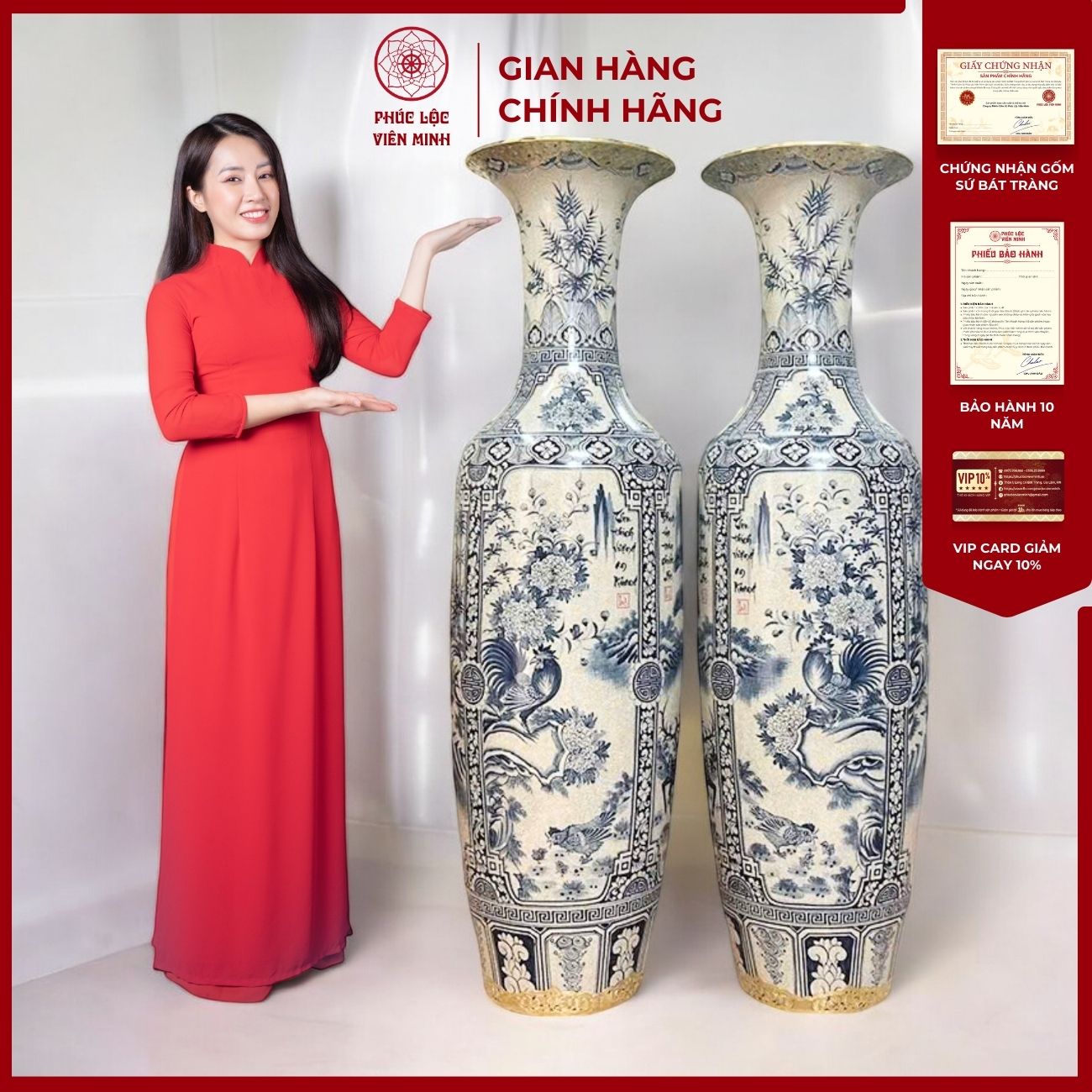 Đôi Lộc Bình Họa Tiết Tứ Cảnh Gốm Sứ Bát Tràng - Phúc Lộc Viên Minh - PL057