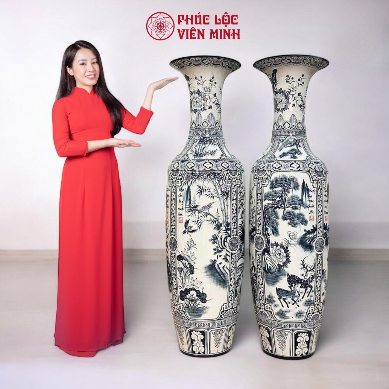 Đôi Lộc Bình Họa Tiết Tứ Cảnh Gốm Sứ Bát Tràng - Phúc Lộc Viên Minh - PL058