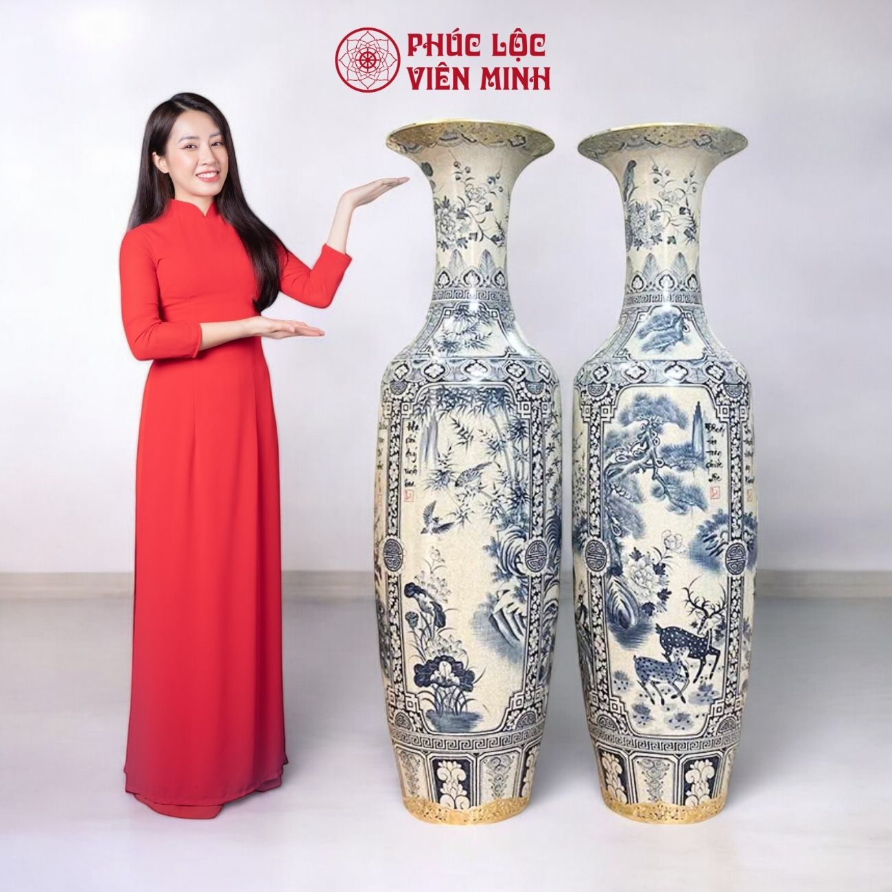 Đôi Lộc Bình Họa Tiết Tứ Cảnh Gốm Sứ Bát Tràng - Phúc Lộc Viên Minh - PL060