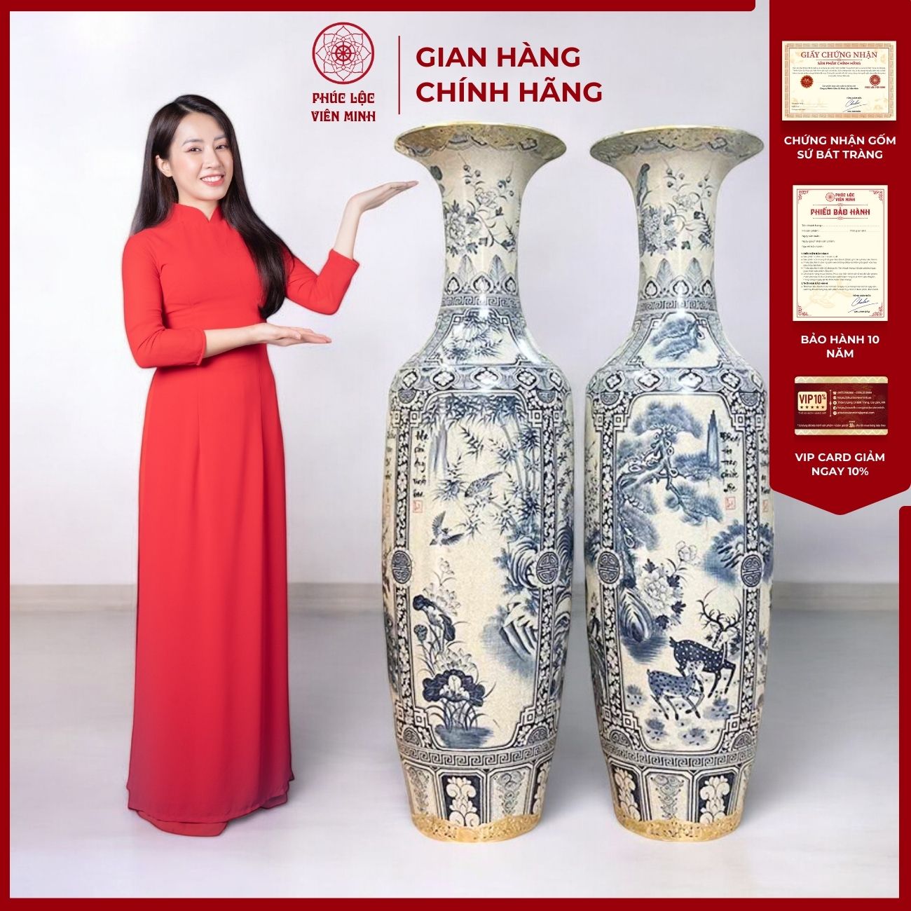 Đôi Lộc Bình Họa Tiết Tứ Cảnh Gốm Sứ Bát Tràng - Phúc Lộc Viên Minh - PL060