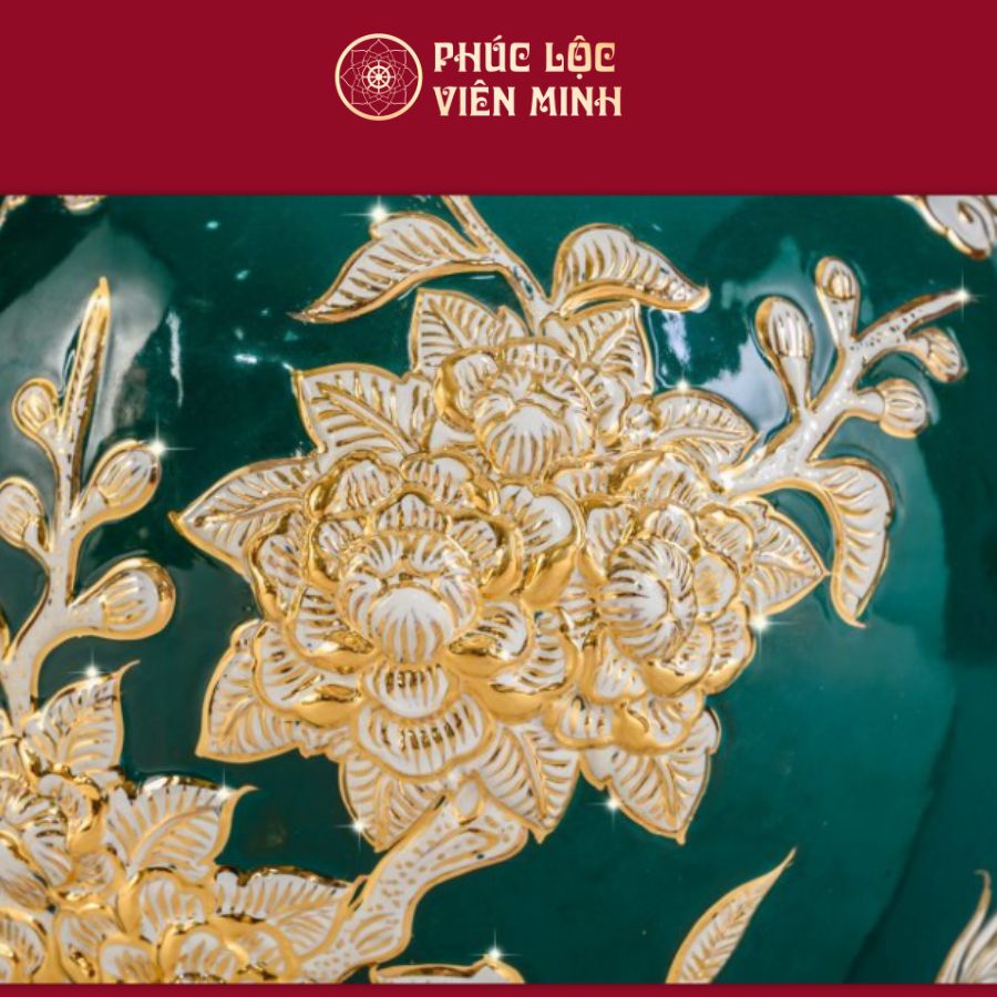 Bình Hút Lộc Mã Đáo Thành Công Men Xanh Lục Bảo Họa Tiết Trắng Vẽ Vàng Gốm Sứ Bát Tràng - Phúc Lộc Viên Minh