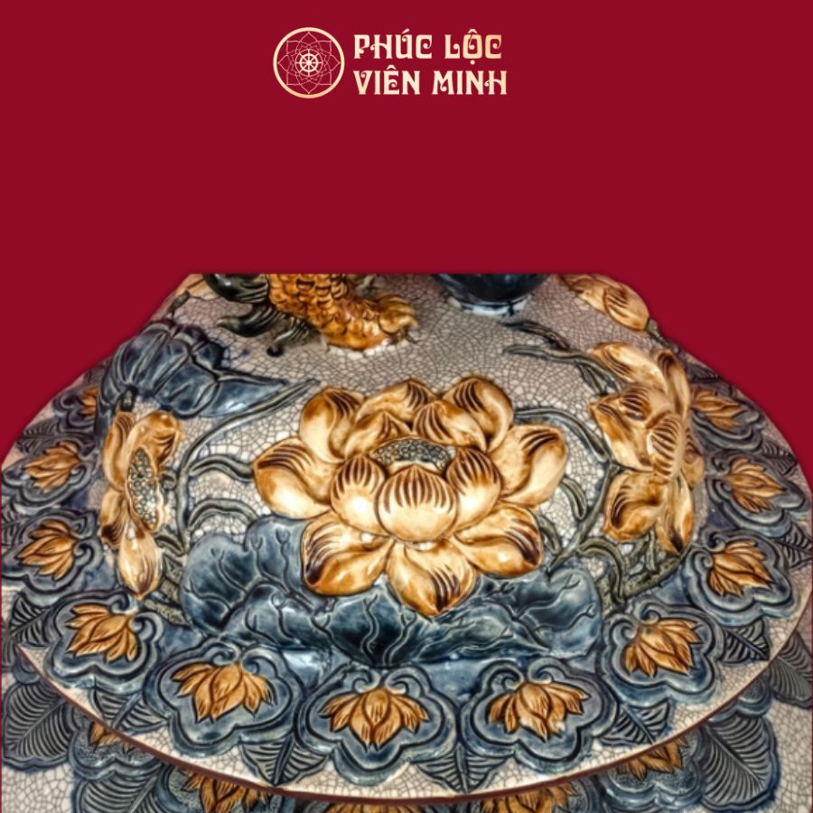 Chóe Liên Hoa Cát Tường 60L Men Rạn Đắp Nổi Gốm Sứ Bát Tràng - Phúc Lộc Viên Minh