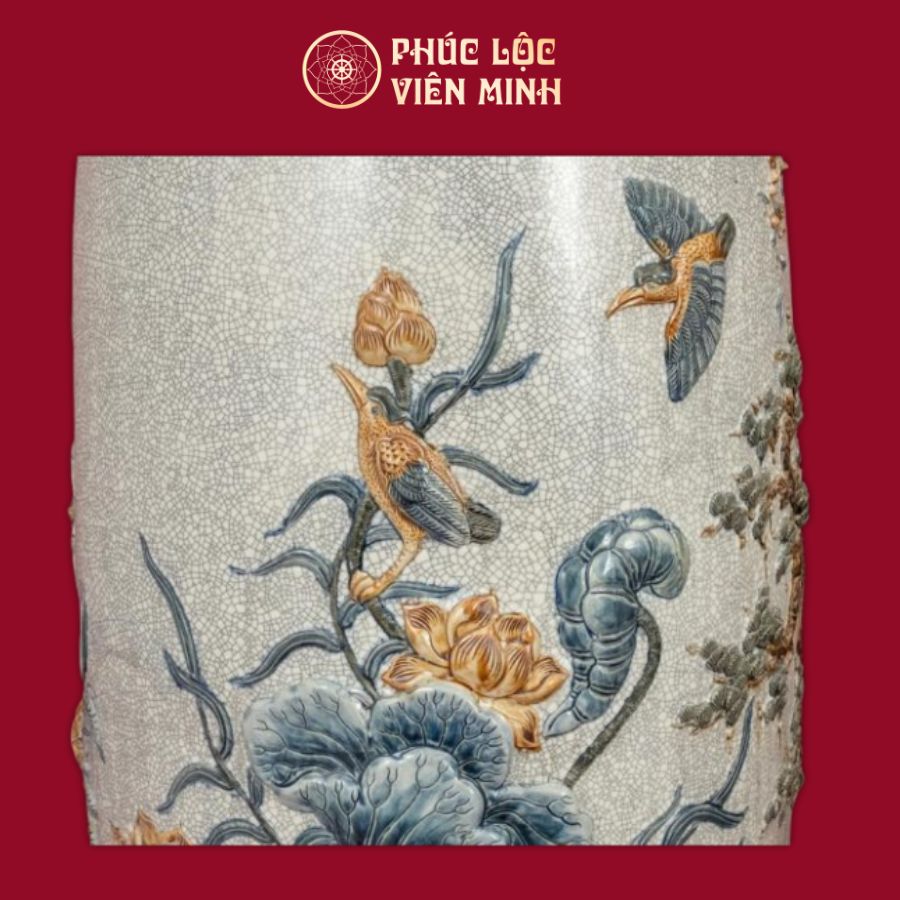 Lộc Bình Phú Quý Trường Xuân Đắp Nổi Men Rạn Cao Cấp Gốm Sứ Bát Tràng - Phúc Lộc Viên Minh