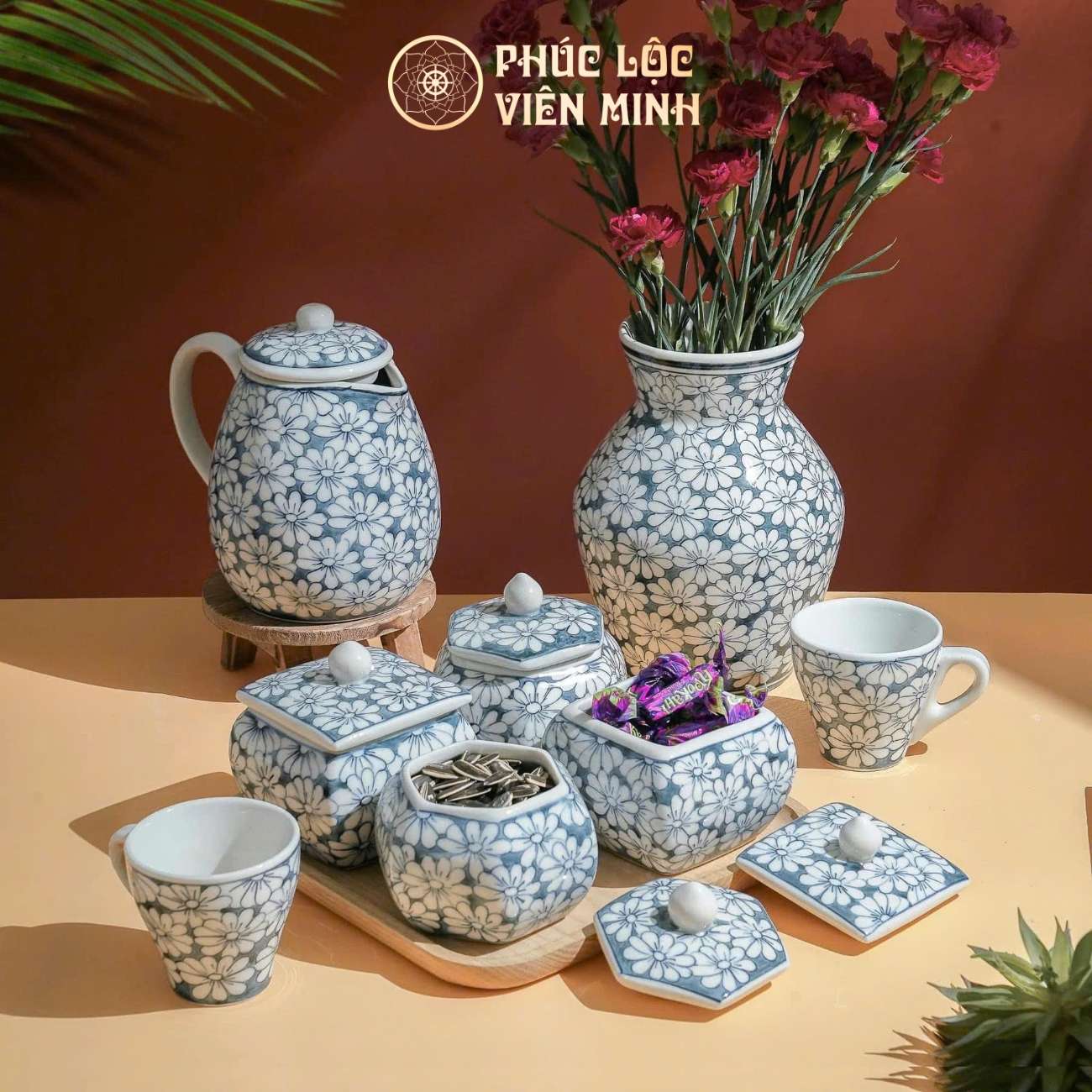 Bộ Hũ Mứt Họa Tiết Cúc Họa Mi Gốm Sứ Bát Tràng - Phúc Lộc Viên Minh - PL005
