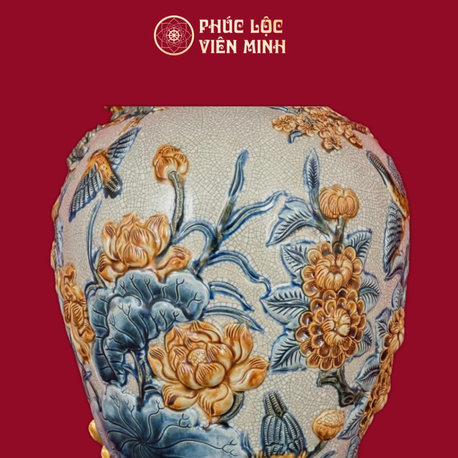 Mai Bình Phú Quý Trường Xuân Men Rạn Dát Vàng Gốm Sứ Bát Tràng - Phúc Lộc Viên Minh