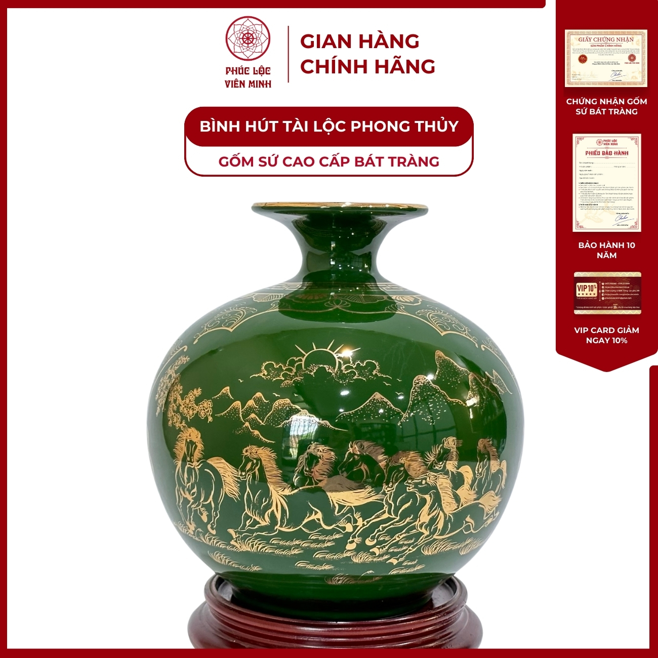Bình Hút Lộc Nhị Cảnh Thuận Buồm Xuôi Gió, Mã Đáo Thành Công Dán Decal Vàng Kim Gốm Sứ Bát Tràng - Phúc Lộc Viên Minh