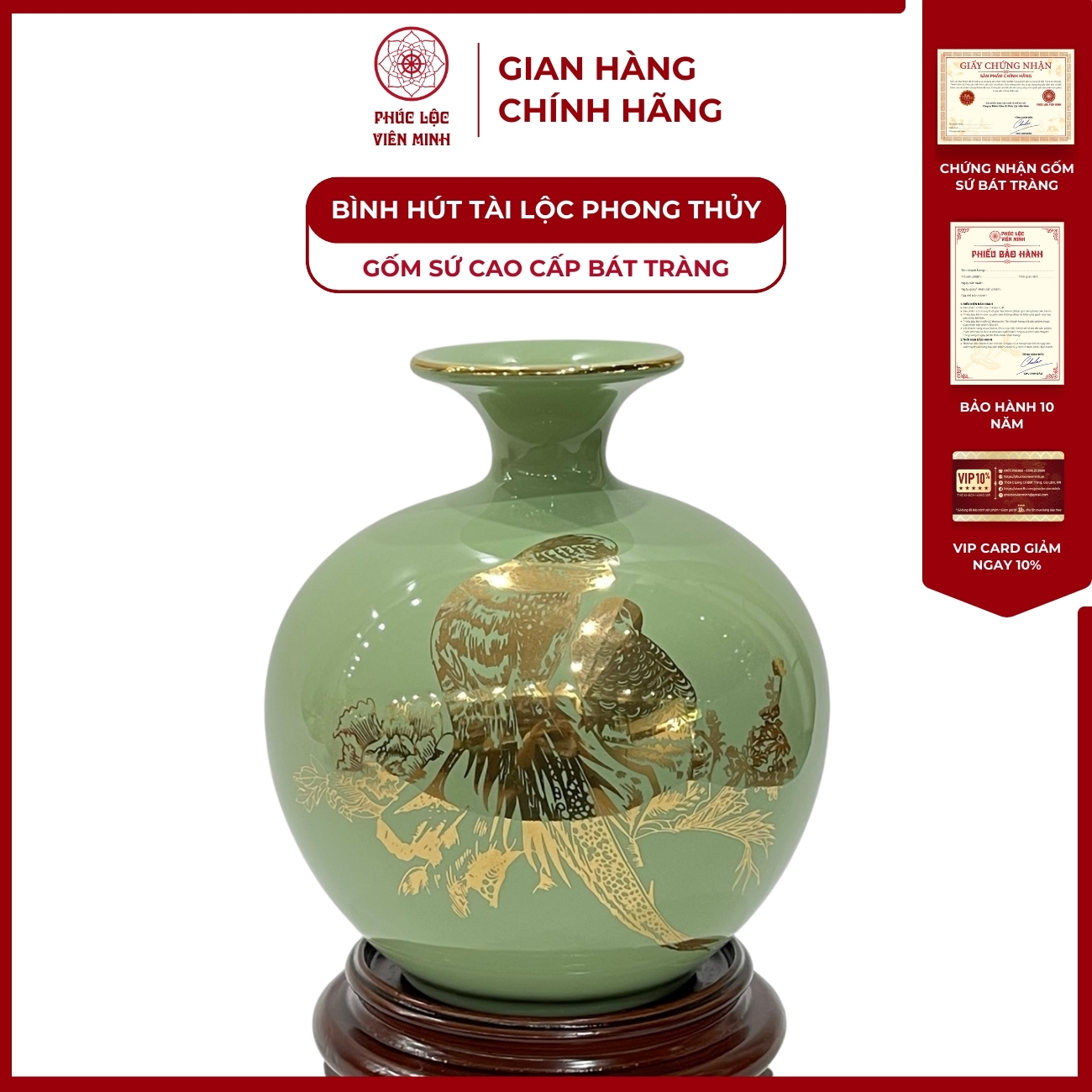 Bình Hút Lộc Chim Trĩ Lộc Dán Decal Vàng Kim Gốm Sứ Bát Tràng - Phúc Lộc Viên Minh