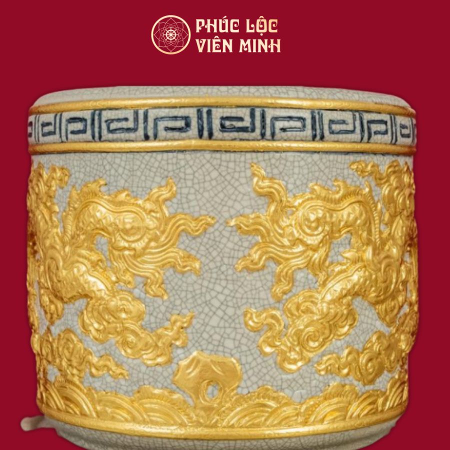 Bát Hương Song Long Chầu Nguyệt Men Rạn Dát Vàng Tây Gốm Sứ Bát Tràng - Phúc Lộc Viên Minh