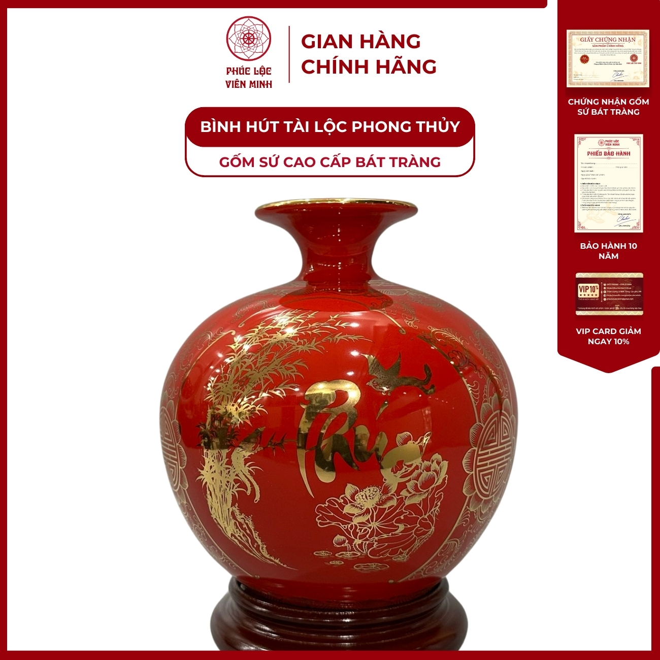 Bình Hút Lộc Tam Cảnh Phúc Lộc Thọ Dán Decal Vàng Kim Gốm Sứ Bát Tràng - Phúc Lộc Viên Minh