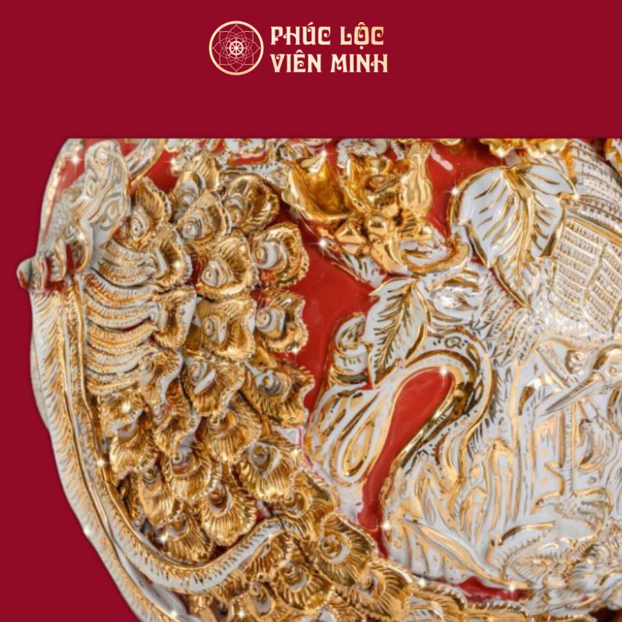 Bình Hút Lộc Phú Quý Trường Xuân Men Đỏ Họa Tiết Trắng Vẽ Vàng Gốm Sứ Bát Tràng - Phúc Lộc Viên Minh