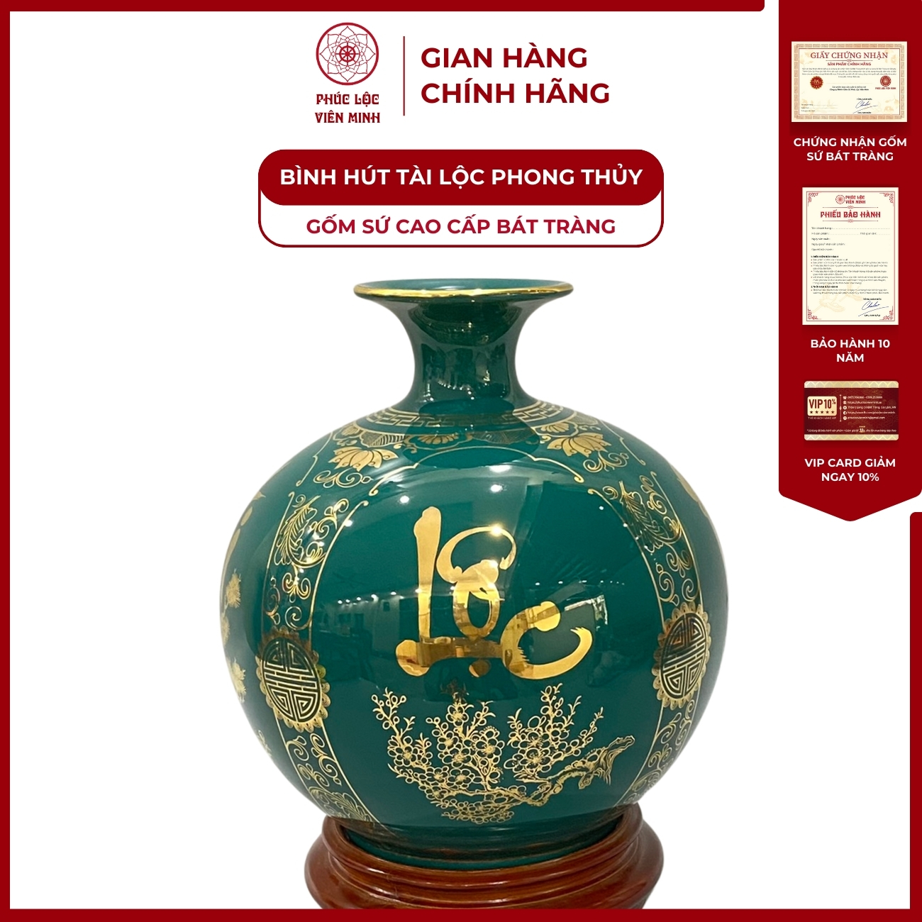 Bình Hút Lộc Tứ Cảnh Phúc Đức Tài Lộc Decal Vàng Kim Gốm Sứ Bát Tràng - Phúc Lộc Viên Minh