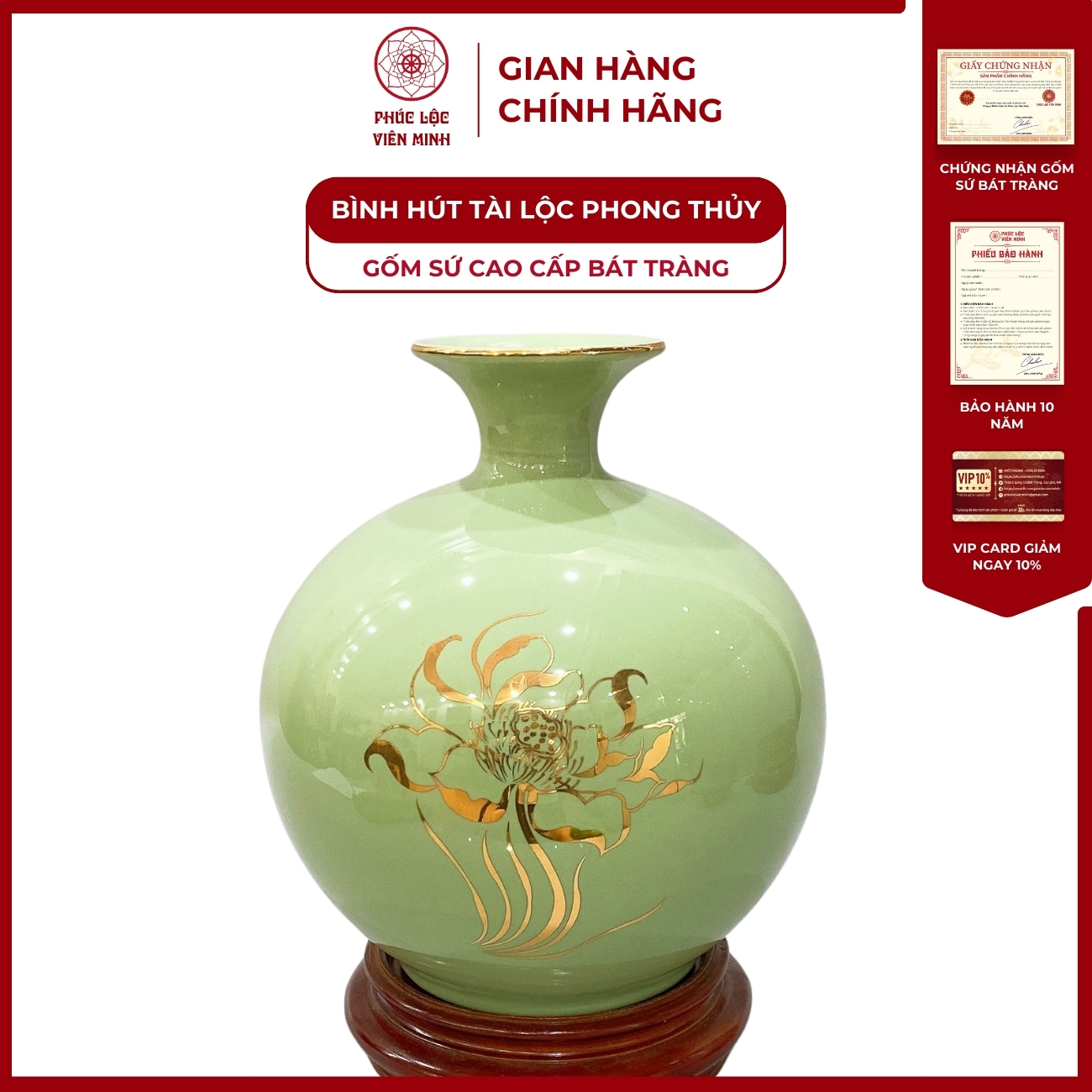 Bình Hút Lộc Chùa Một Cột Dán Decal Vàng Kim Gốm Sứ Bát Tràng - Phúc Lộc Viên Minh - PLVM173