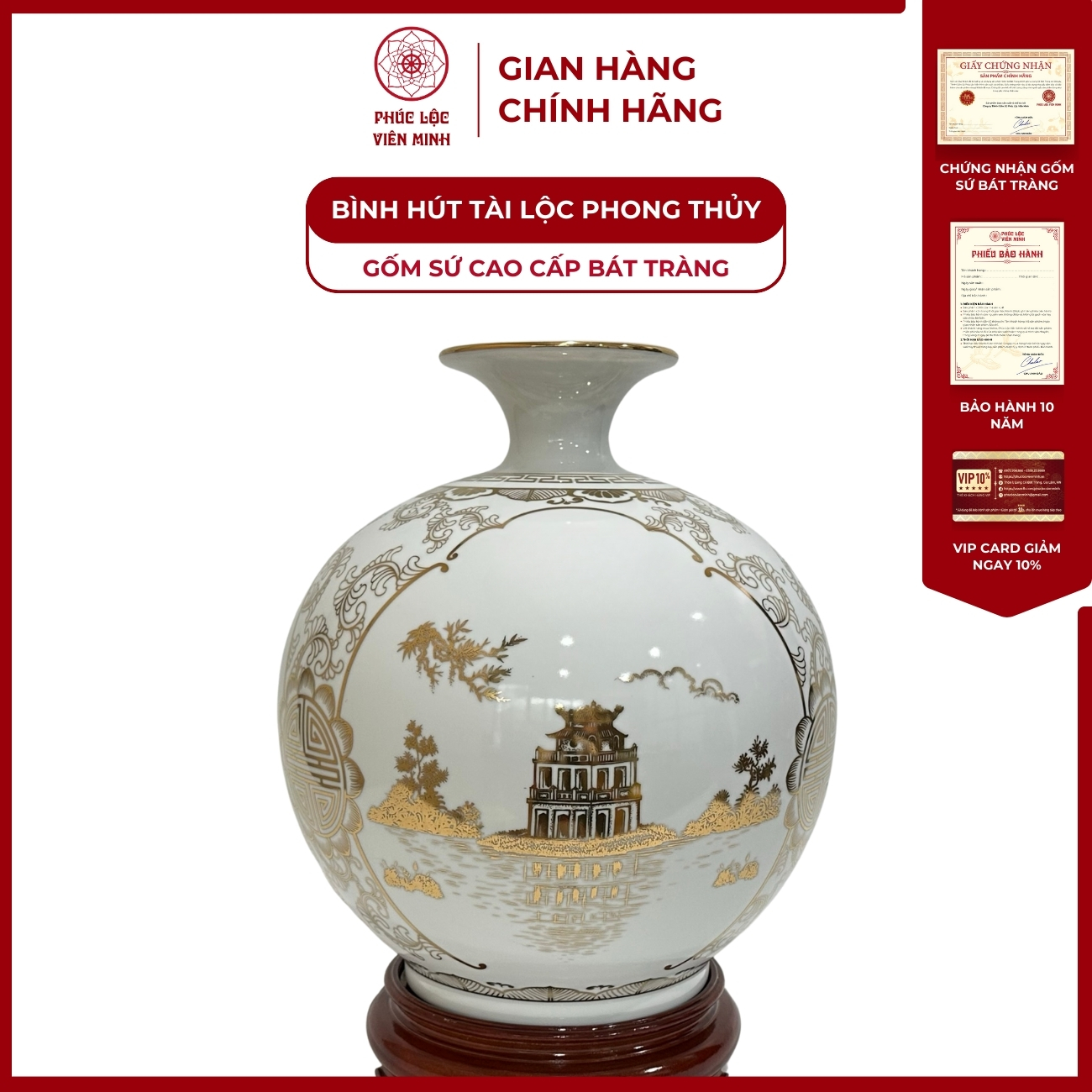 Bình Hút Lộc Tam Cảnh Hà Nội Dán Decal Vàng Kim Gốm Sứ Bát Tràng - Phúc Lộc Viên Minh