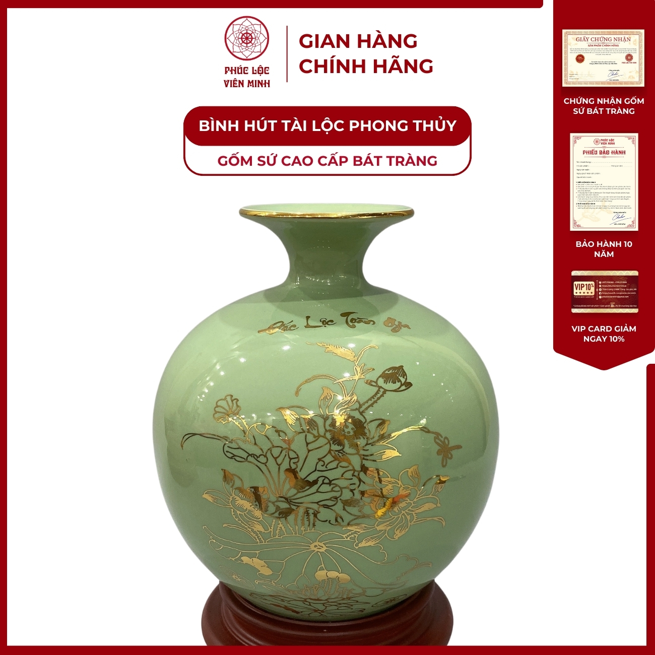 Bình Hút Lộc Đắc Lộc Toàn Gia Dán Decal Vàng Kim Gốm Sứ Bát Tràng - Phúc Lộc Viên Minh