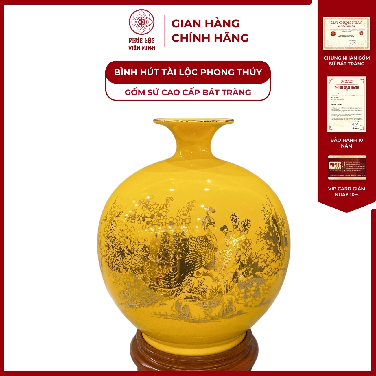 Bình Hút Lộc Công Thành Danh Toại Dán Decal Vàng Kim Gốm Sứ Bát Tràng - Phúc Lộc Viên Minh