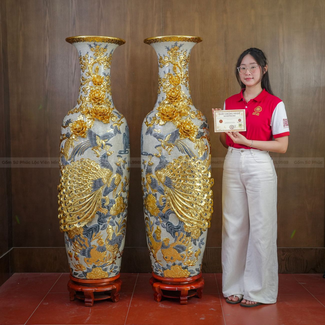 Đôi Lộc Bình Men Rạn Công Đào Đắp Nổi Dát Vàng 24K Gốm Sứ Bát Tràng - Phúc Lộc Viên Minh - PL1511