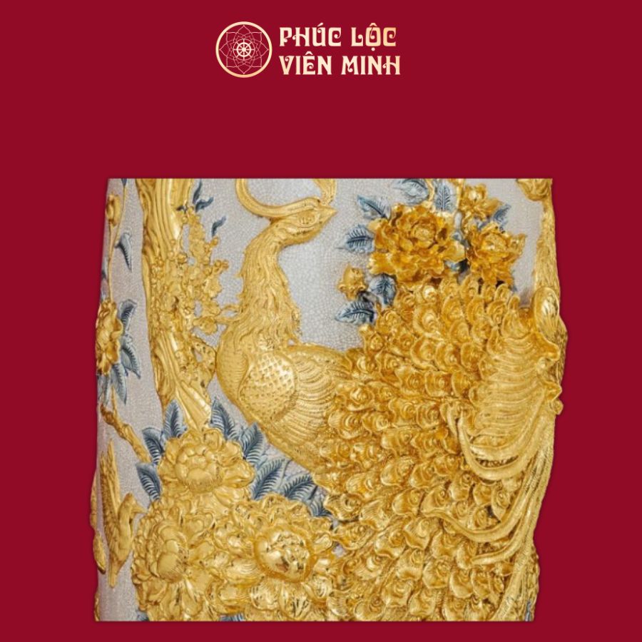 Lộc Bình Phú Quý Trường Xuân Men Rạn Dát Vàng Gốm Sứ Bát Tràng - Phúc Lộc Viên Minh