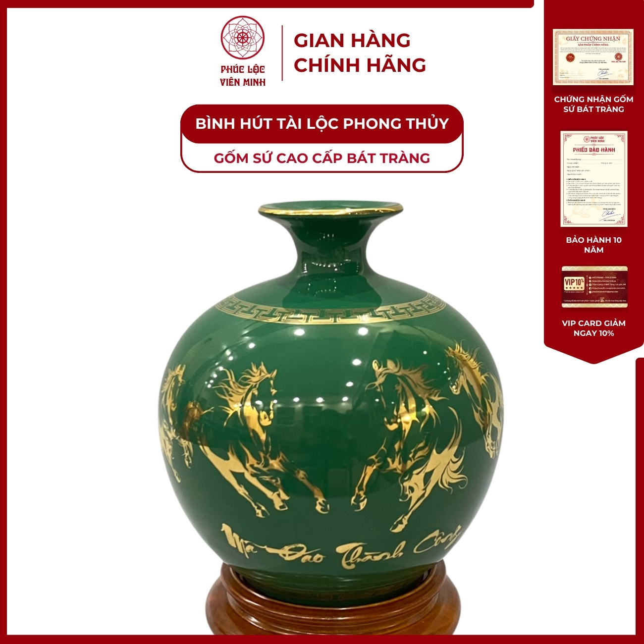 Bình Hút Lộc Mã Đáo Thành Công Dán Decal Vàng Kim Gốm Sứ Bát Tràng - Phúc Lộc Viên Minh