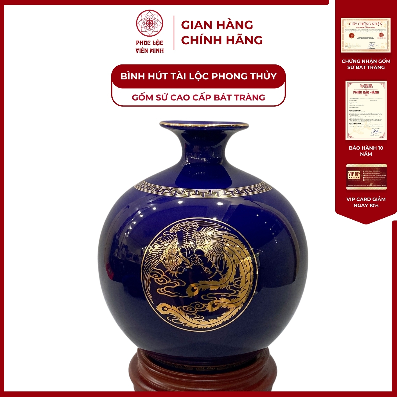 Bình Hút Lộc Phát Tài Phát Lộc Dán Decal Vàng Kim Gốm Sứ Bát Tràng - Phúc Lộc Viên Minh