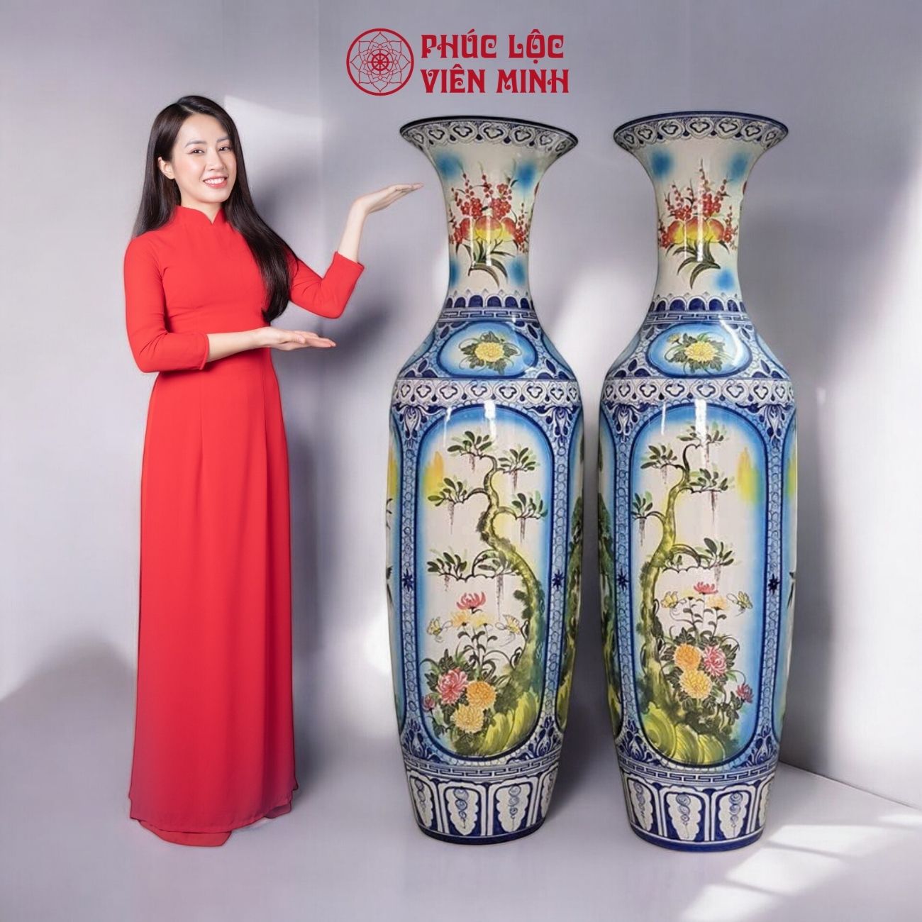 Đôi Lộc Bình Tứ Cảnh Men Màu Gốm Sứ Bát Tràng - Phúc Lộc Viên Minh - PL028