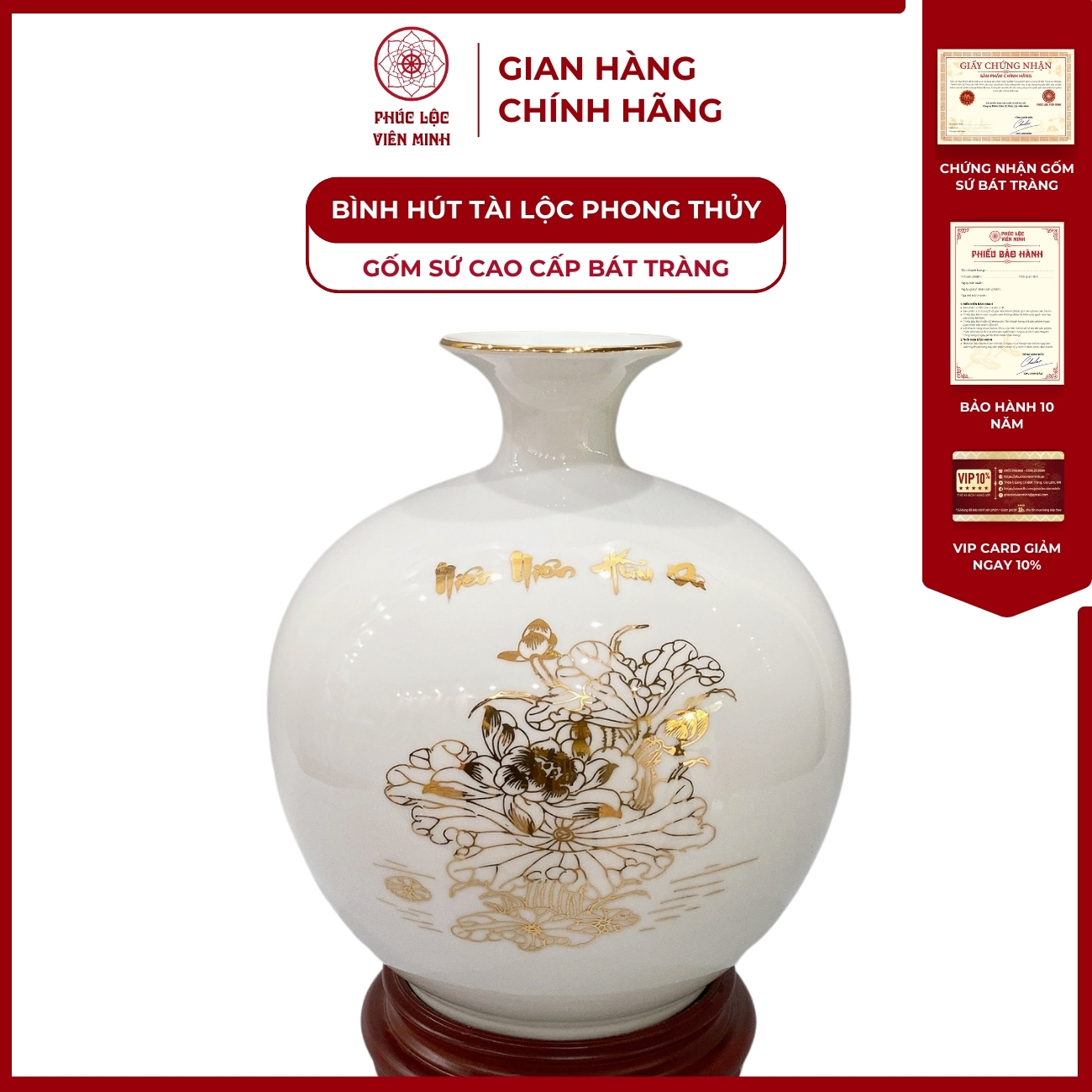 Bình Hút Lộc Niên Niên Hữu Dư Dán Decal Vàng Kim Gốm Sứ Bát Tràng - Phúc Lộc Viên Minh