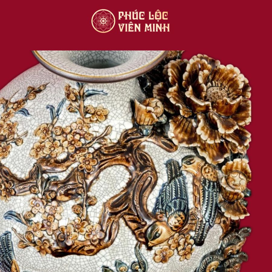 Mai Bình Công Danh Phú Quý Men Rạn Đắp Nổi Gốm Sứ Bát Tràng - Phúc Lộc Viên Minh