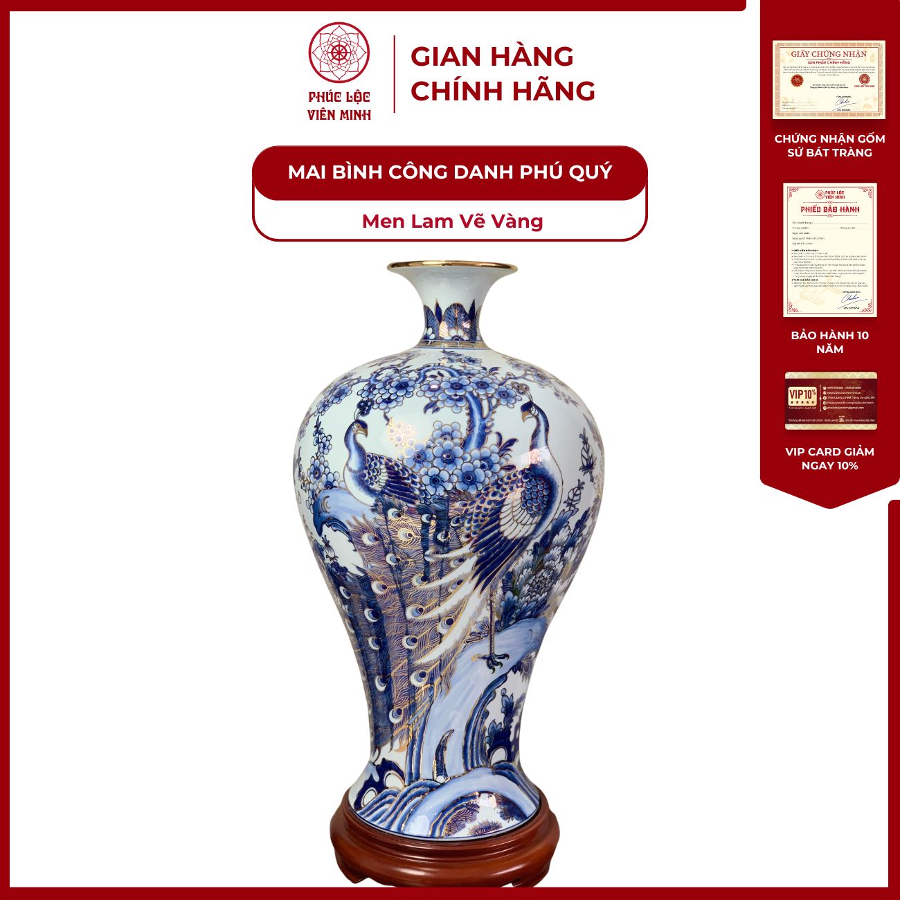 Mai Bình Bát Tràng Men Lam Vẽ Thủ Công - Phúc Lộc Viên Minh - PLMB0003
